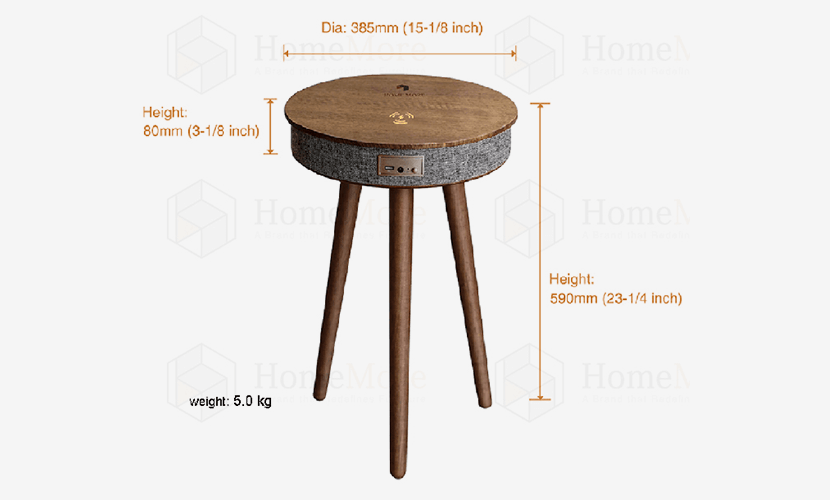 Classic Round Side Table With Bluetooth Speaker & Charger Product Size