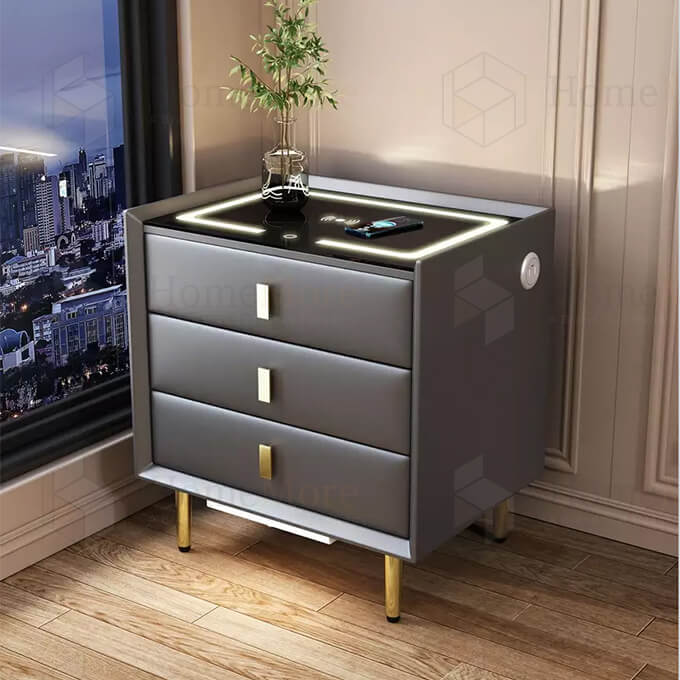 Black Square 3 Drawer Bedside Table With Charger 03