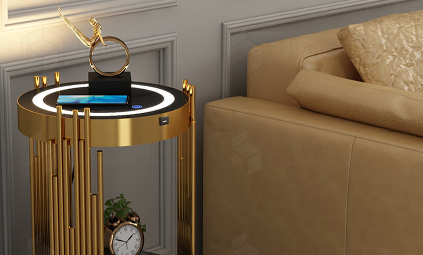 5W Wireless Charging Metal Art Round Table With Drawer & Charger 01