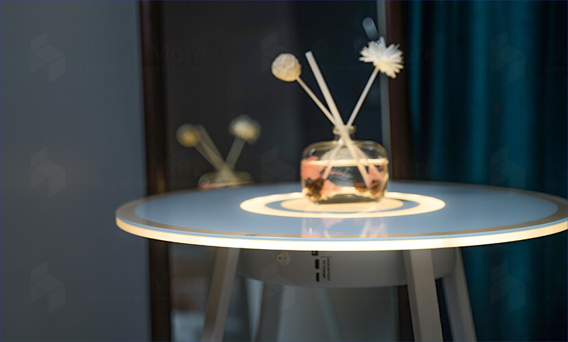 Built In Rechargable Battery Side Table Speaker With Party Light Glass Top