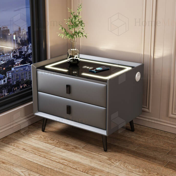 Square Bedside Table Two Drawers Wireless Charger 02