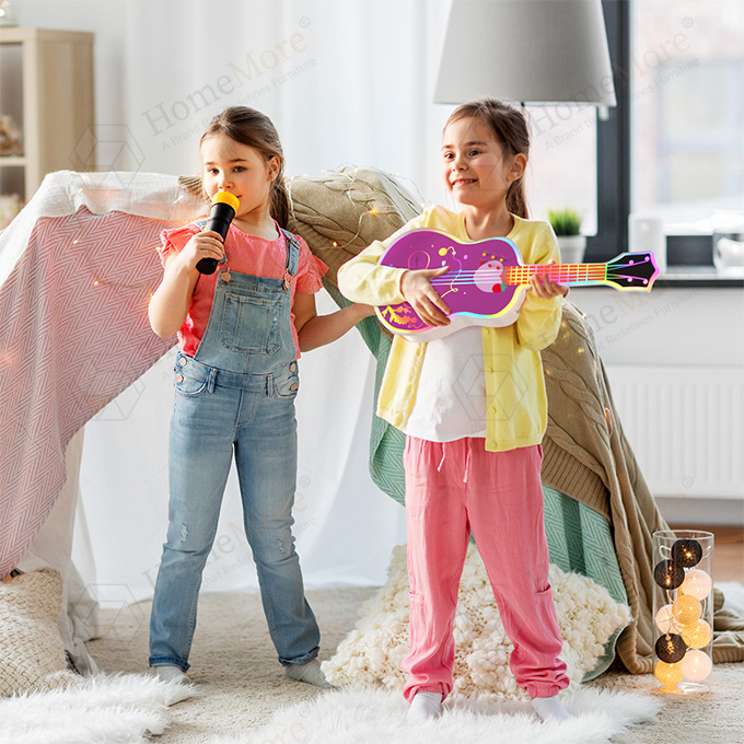 girls with guitar and microphone playing at home